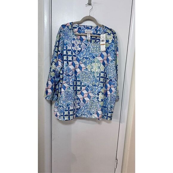 ALFRED DUNNER WOMENS BLUE GREEN CREW NECK BLOUSE SIZE 3XL P1-187 - Picture 2 of 9